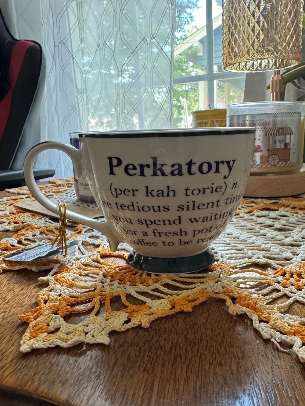 “Perkatory” Ceramic Coffee Mug - White with Black Trim 14OZ